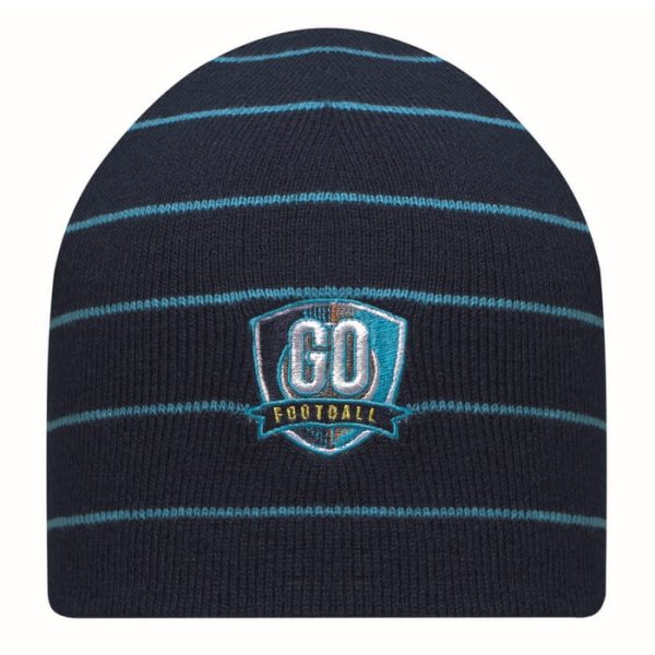 Acrylic beanie with coloured stripes.
